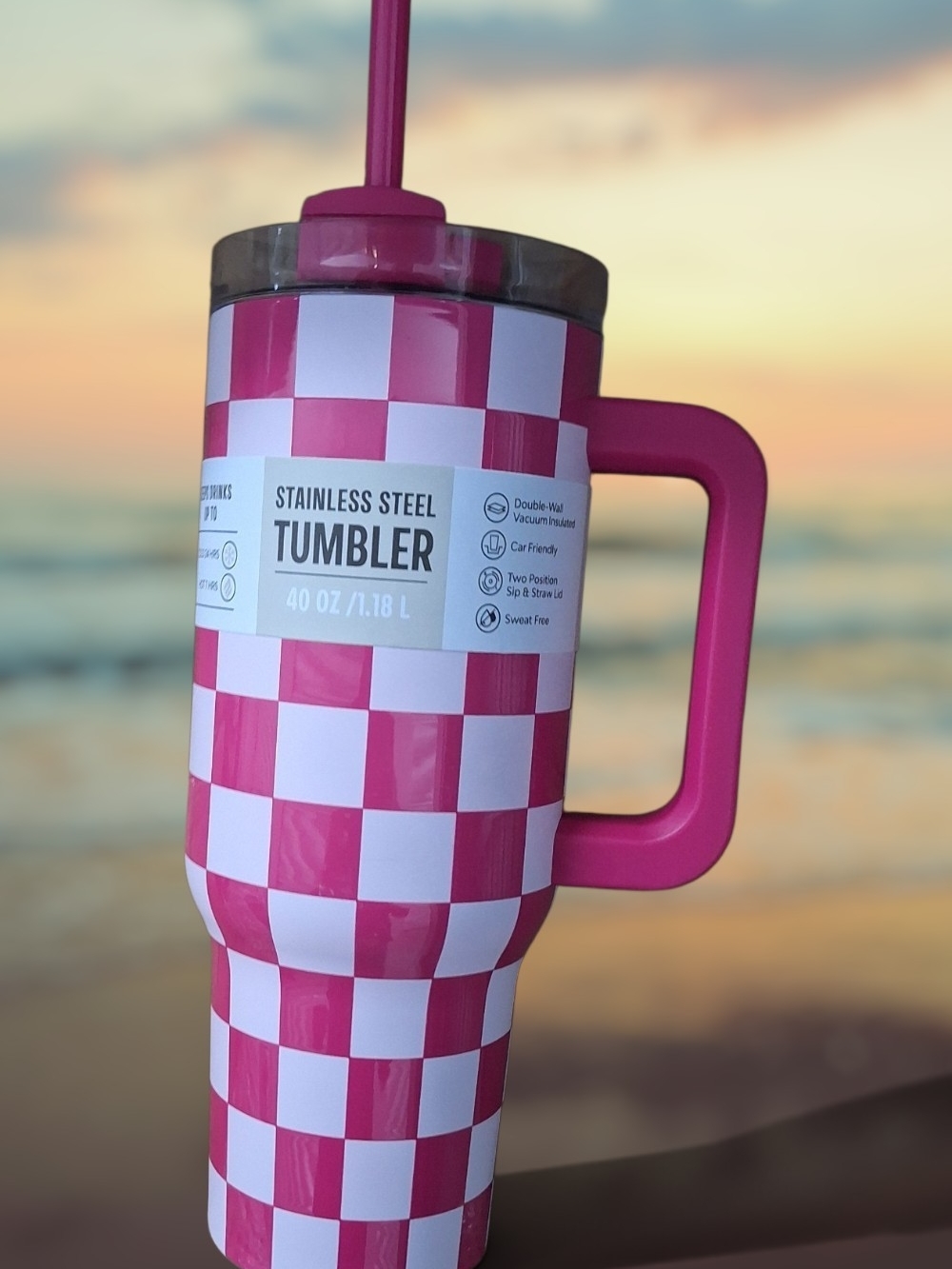 Pink Checker Stainless Steel Tumbler with Handle - 40 oz